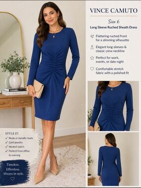 Vince Camuto Royal Blue Long Sleeve Ruched Sheath Dress